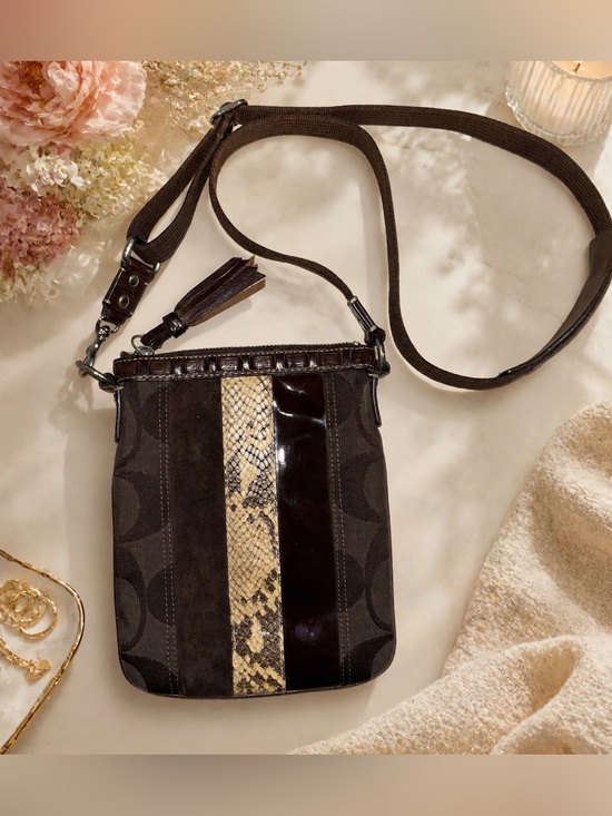 Coach Handbags - Coach VINTAGE Dark Brown Crossbody with Snake-Print suede & leather Stripe 2006